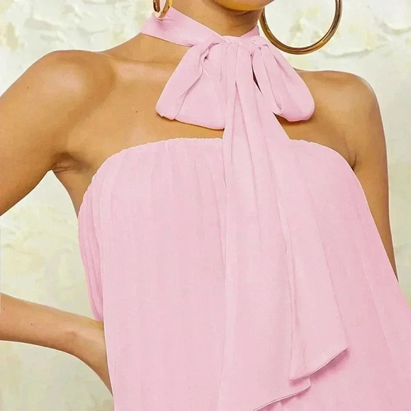 Pink Casual Women's Neck Tie Pleated Dress - Picture 3 of 8